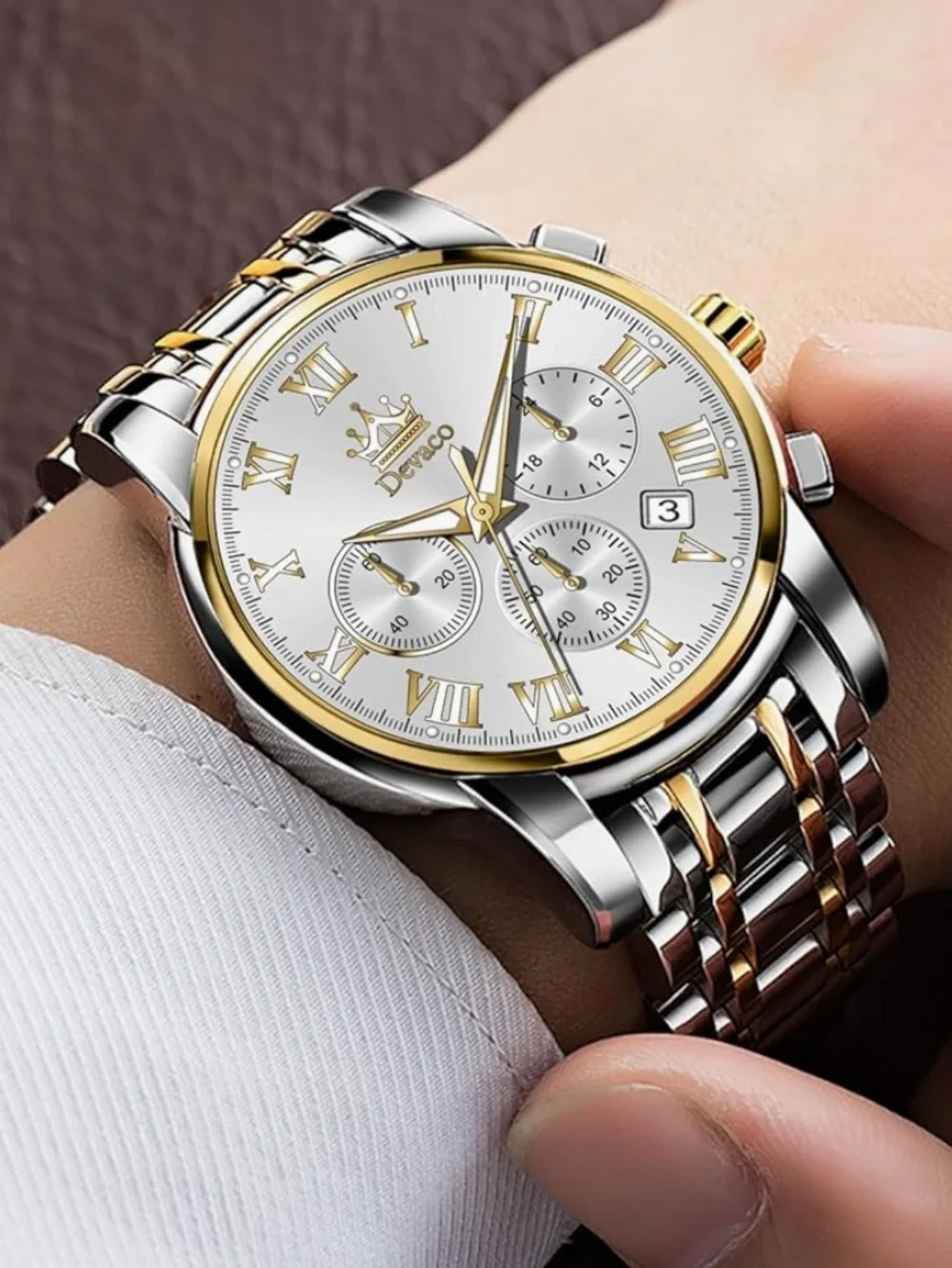 New! QUARTZ Devaco Business Mens Chronograph Watch Stainless Steel Waterproof